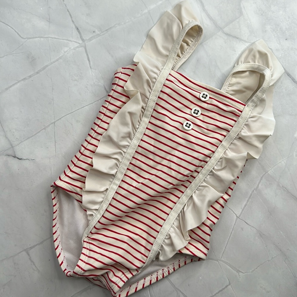 Janie and Jack Cream and Red Striped Ruffle One-Piece Swimsuit